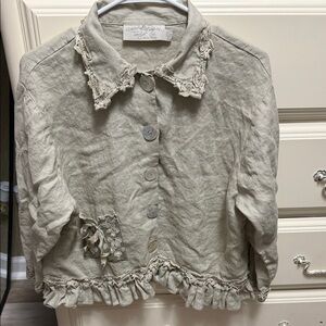 Taylor G Cottagecore Green/Khaki Button-Up Linen Top with Ruffle Trim